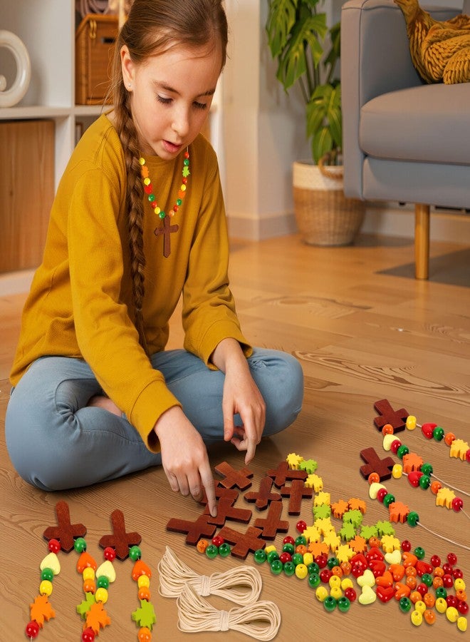 Eternity sky 27Pcs Fall Crafts for Kids - Thanksgiving DIY Religious Wooden Cross Beads Christian Necklace Kit for Autumn Sunday School Classroom Supplies - Image 2